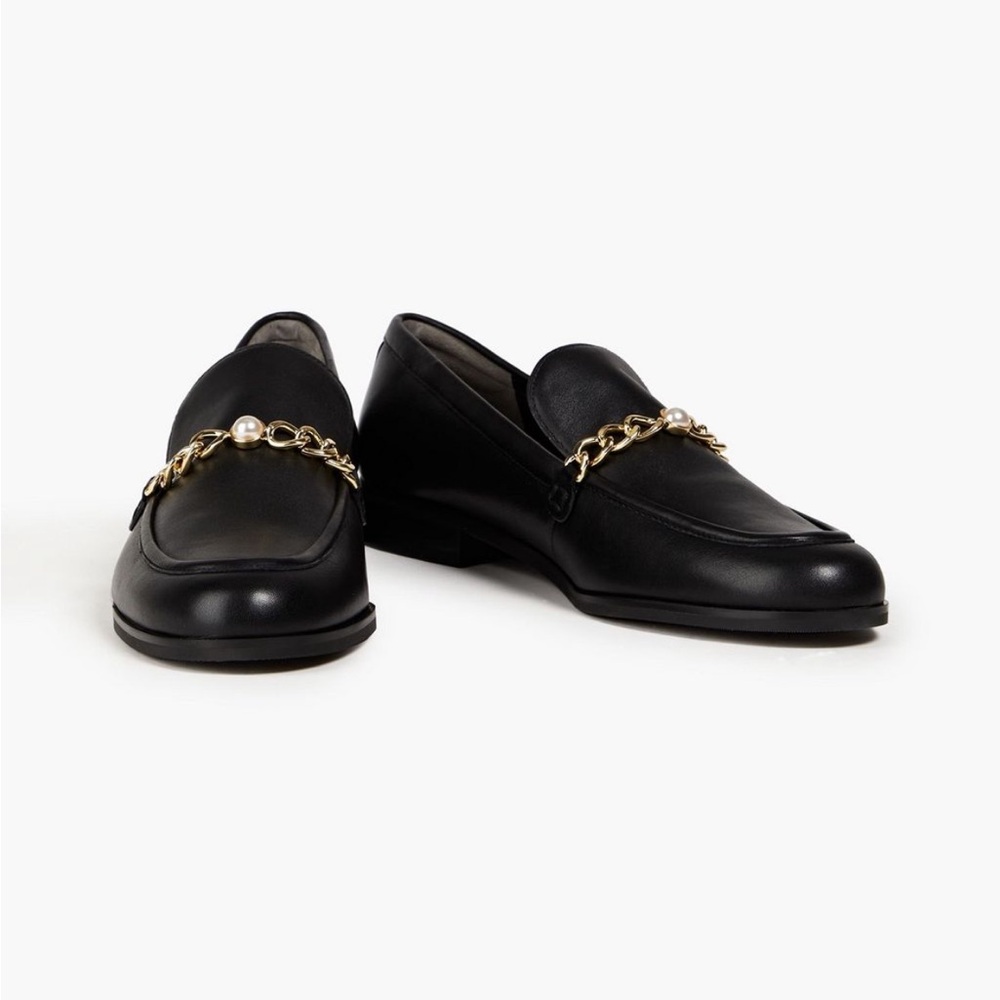 NEW Stuart Weitzman Owen Pearl Chain blk leather loafers 7B